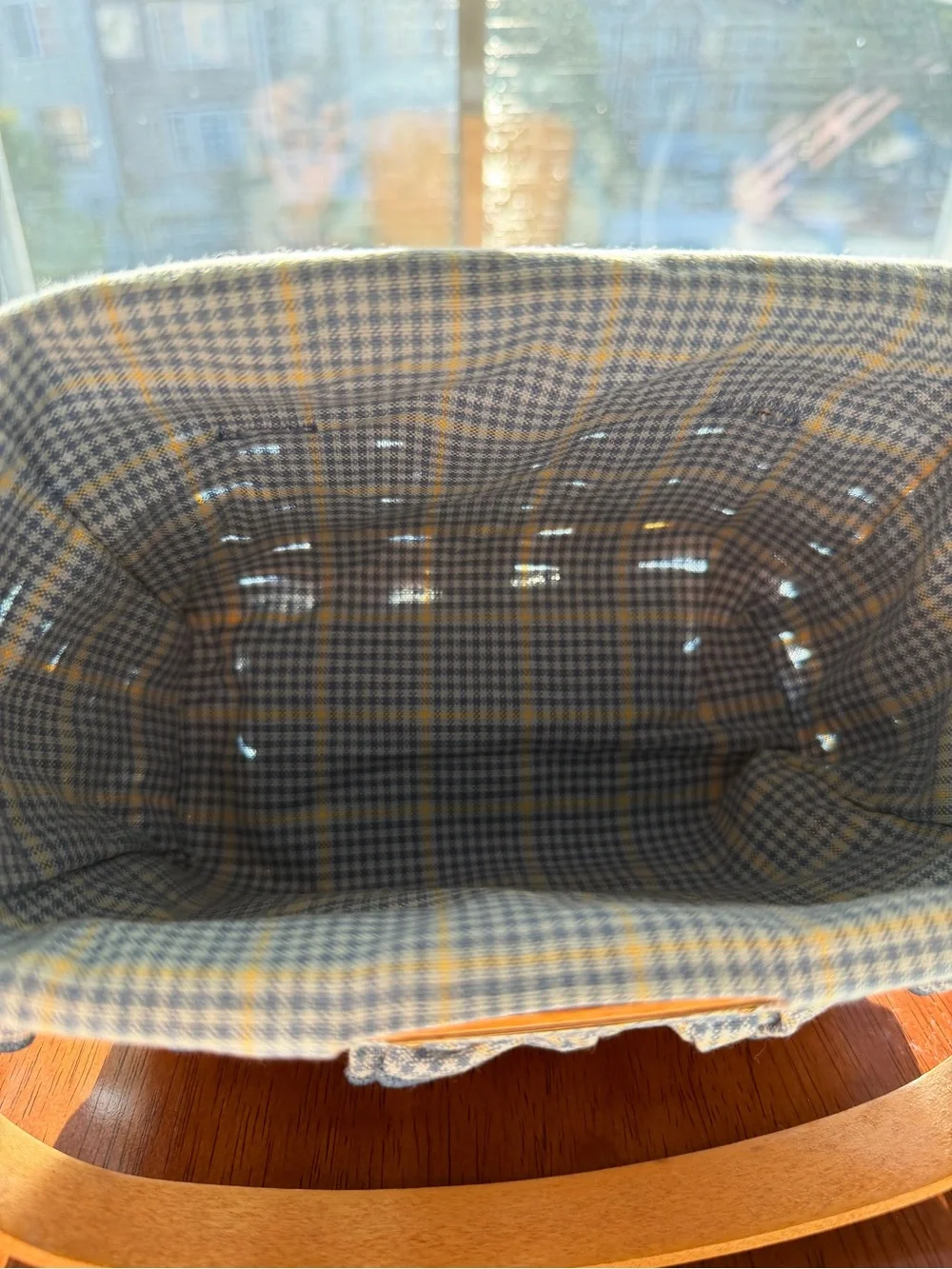 Longaberger Blue Plaid Lined Woven Basket with Ruffled Edge